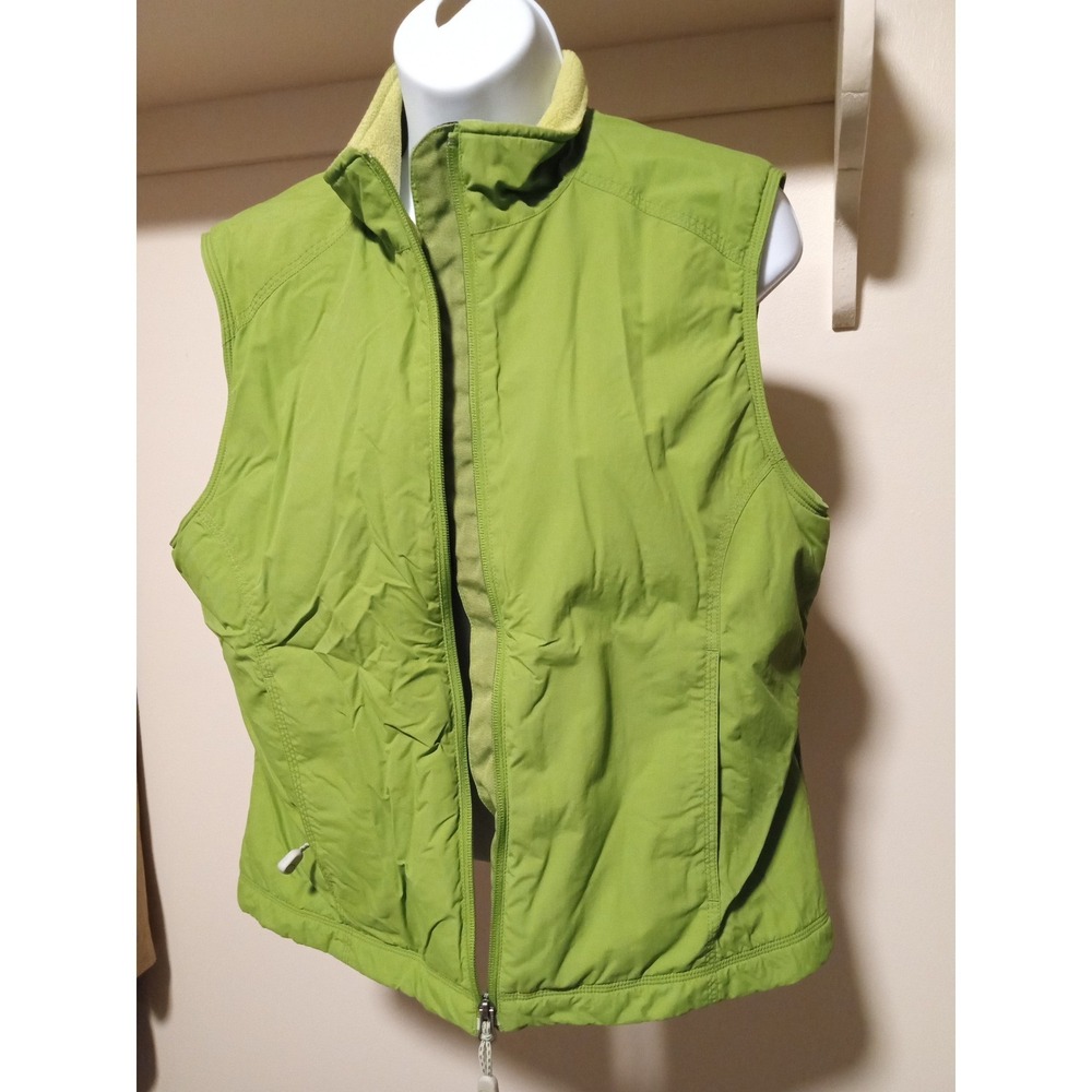 LL Bean Womens Large Fleece Lined Vest Lime Green Full Zip Nylon OBDR7 Regular